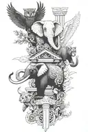 totem pole with each section being a different annal. with elephant, owl, red panda, whale, panther tattoo design idea