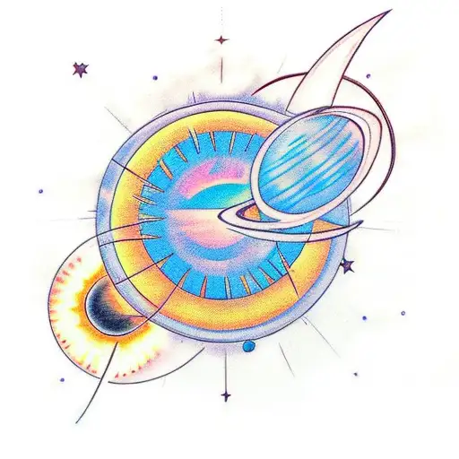 a solar system siwing the eight olanets with the sun in the center tattoo design idea