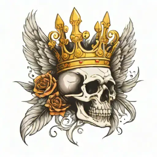 skull wearing a crown large wings in the background  tattoo design idea