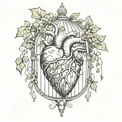 anatomical heart inside birdcage with ivy vines tattoo design idea