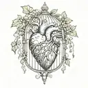 anatomical heart inside birdcage with ivy vines tattoo design idea