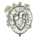 anatomical heart inside birdcage with ivy vines tattoo design idea