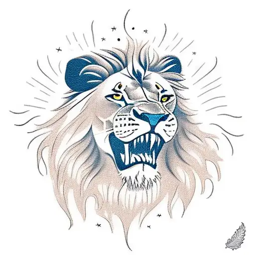 A lion's face with flowers in mane, with rays of light emanating from behind tattoo design idea