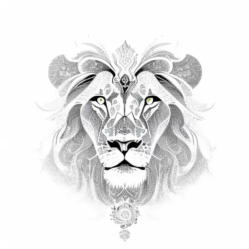 A lion's face composed of intricate floral patterns, with rays of light emanating from its eyes tattoo design idea