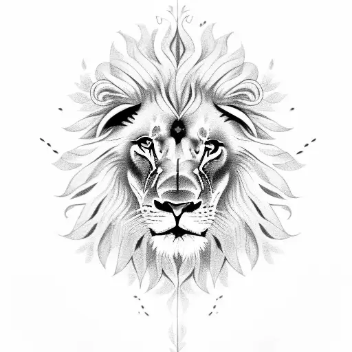 A lion's face with 3 flowers in mane, with rays of light emanating from behind tattoo design idea