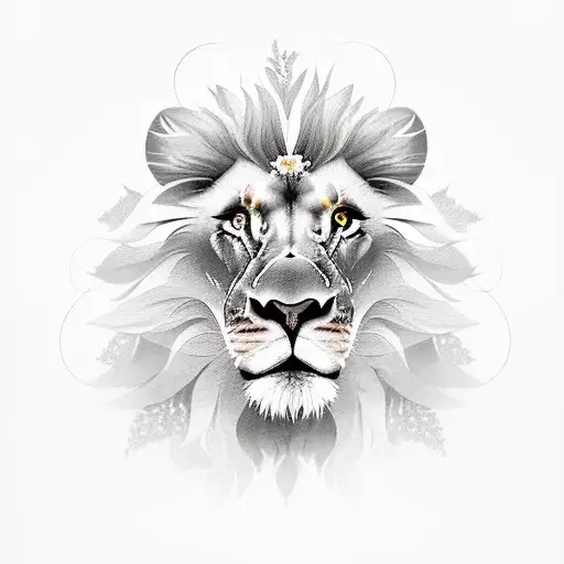 A lion's face with flowers in mane, with rays of light emanating from behind tattoo design idea