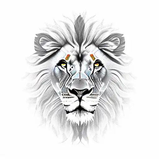 A lion's face with 3 flowers in mane, a cross hidden in its furrowed brow tattoo design idea