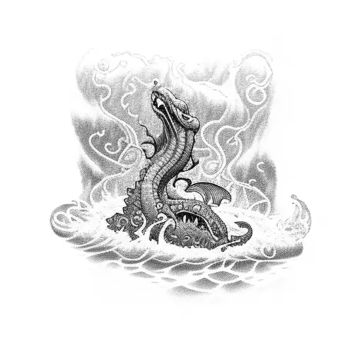 An intricate blackwork tattoo of a sea monster emerging from a book, symbolizing the client's love for reading and the mysterious depths of the sea. tattoo design idea