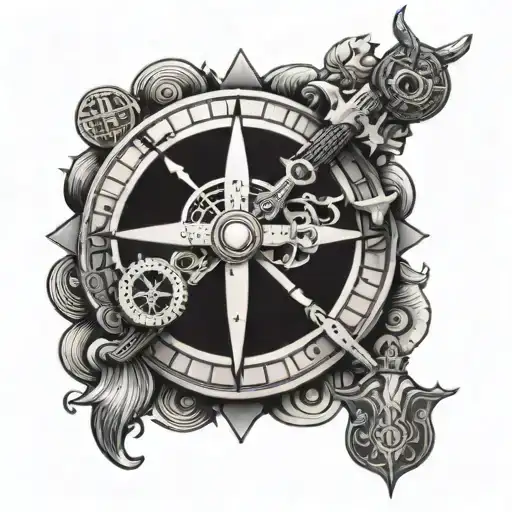 viking, centurion, ship, compass, cross, prayer hands tattoo design idea