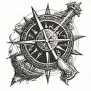 viking, centurion, ship, compass, cross, prayer hands tattoo design idea