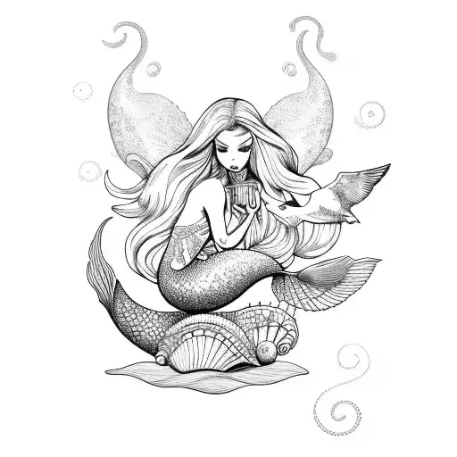 A beautiful mermaid sitting on a seashell, with intricate waves and seagulls in the background tattoo design idea