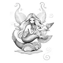 A beautiful mermaid sitting on a seashell, with intricate waves and seagulls in the background tattoo design idea
