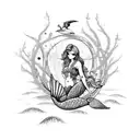 A beautiful mermaid sitting on a seashell, with intricate waves and seagulls in the background tattoo design idea