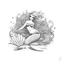 A beautiful mermaid sitting on a seashell, with intricate waves and seagulls in the background tattoo design idea