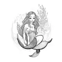 A beautiful mermaid sitting on a seashell, with intricate waves and seagulls in the background tattoo design idea