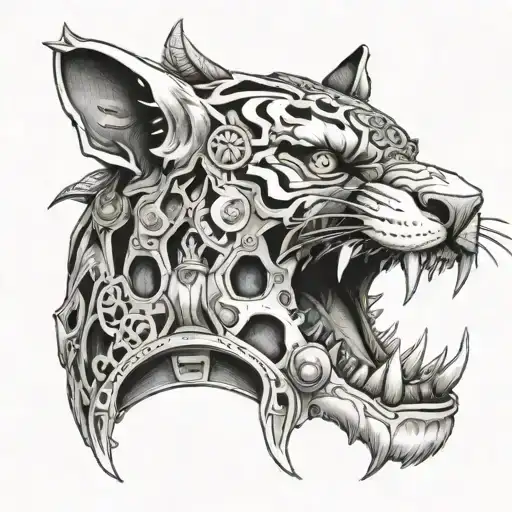 A tattoo of a tiger skull wearing a Final Fantasy 14 themed helmet, incorporating elements of death and gaming motifs in black-grey style tattoo design idea