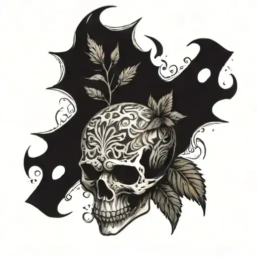 A skull surrounded by Final Fantasy 14 characters and symbols, with a subtle marijuana leaf incorporated in dotwork style tattoo design idea
