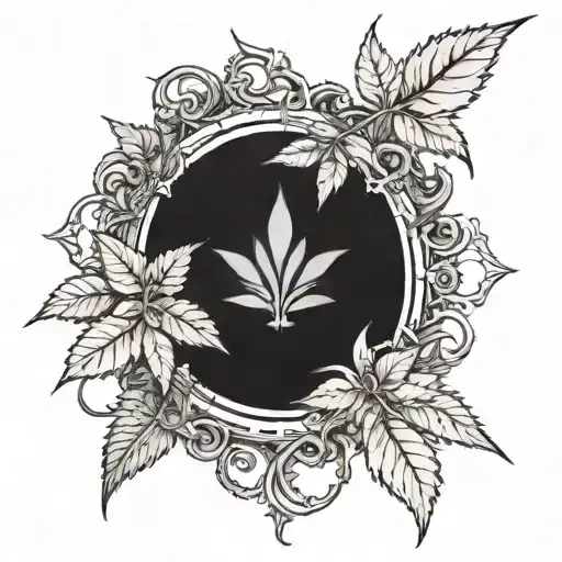 A Final Fantasy 14 inspired tattoo featuring a magical marijuana plant as a summon, surrounded by intricate blackwork designs tattoo design idea