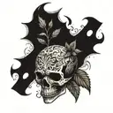A skull surrounded by Final Fantasy 14 characters and symbols, with a subtle marijuana leaf incorporated in dotwork style tattoo design idea