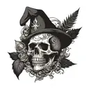 A skull surrounded by Final Fantasy 14 characters and symbols, with a subtle marijuana leaf incorporated in dotwork style tattoo design idea