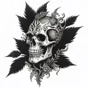 A skull surrounded by Final Fantasy 14 characters and symbols, with a subtle marijuana leaf incorporated in dotwork style tattoo design idea