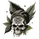 A skull surrounded by Final Fantasy 14 characters and symbols, with a subtle marijuana leaf incorporated in dotwork style tattoo design idea