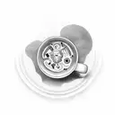 A coffee cup with code snippets forming the steam, surrounded by business icons tattoo design idea