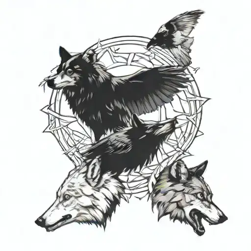 2 wolves and flying raven  tattoo design idea