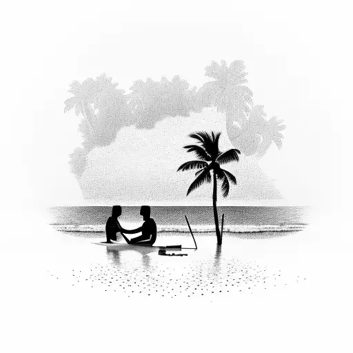 A serene beach scene at sunset with palm trees and a silhouette of a musician playing an instrument tattoo design idea