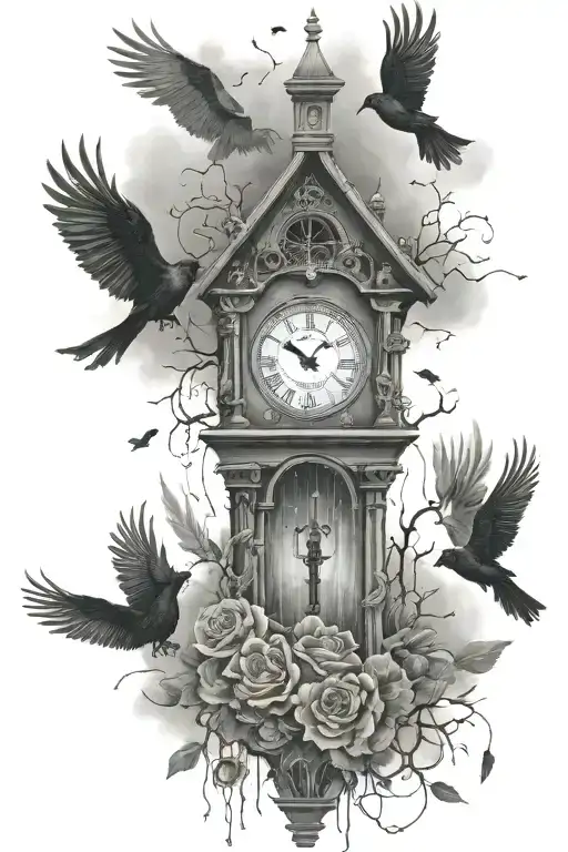 raining clouds  crows broken crosses and grandfather clocks everywere like a cemetary with dead flowers and the name Jod tattoo design idea