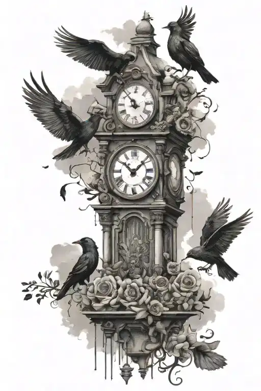 raining clouds  crows broken crosses and grandfather clocks everywere like a cemetary with dead flowers and the name Jod tattoo design idea