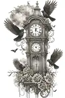 raining clouds  crows broken crosses and grandfather clocks everywere like a cemetary with dead flowers and the name Jod tattoo design idea