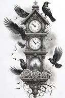 raining clouds  crows broken crosses and grandfather clocks everywere like a cemetary with dead flowers and the name Jod tattoo design idea