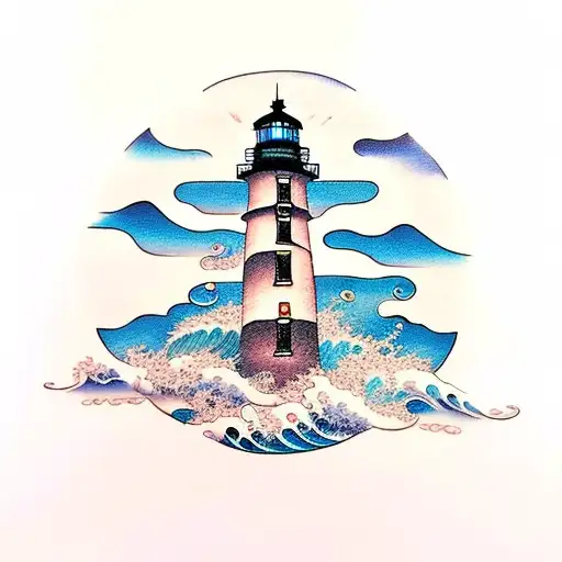 Lighthouse with palm trees and ocean waves tattoo design idea