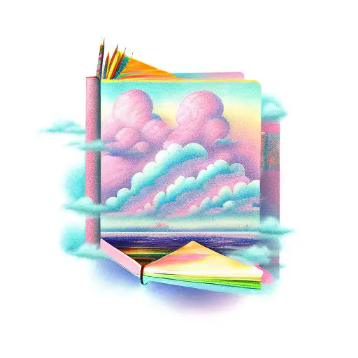 Open Book With Pastel Clouds in background of book tattoo design idea