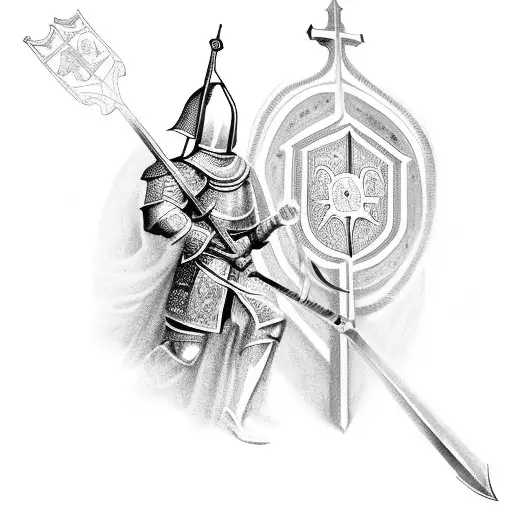 A knight kneeling in prayer in front of a shield depicting scenes from the crusades tattoo design idea