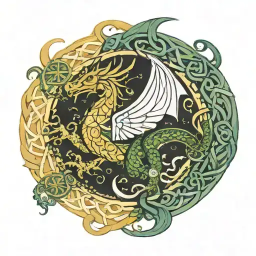 A Viking dragon flying through Nordic knot patterns, surrounded by Yggdrasil, the world tree. Please create a k tattoo design idea