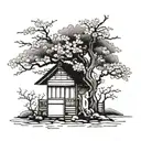 A Japanese style small house nestled under a small tree, with two delicate cherry blossom branches representing your daughters, and their names in Japanese calligraphy tattoo design idea