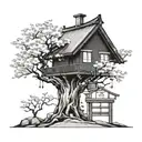 A Japanese style small house nestled under a small tree, with two delicate cherry blossom branches representing your daughters, and their names in Japanese calligraphy tattoo design idea