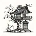 A Japanese style small house nestled under a small tree, with two delicate cherry blossom branches representing your daughters, and their names in Japanese calligraphy tattoo design idea