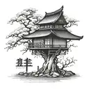 A Japanese style small house nestled under a small tree, with two delicate cherry blossom branches representing your daughters, and their names in Japanese calligraphy tattoo design idea