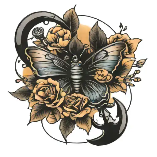anchor flowers butterfly sunset tattoo design idea