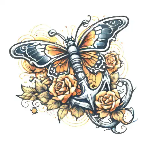 anchor roses butterfly sunset navy  tattoo design idea