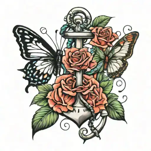 anchor roses butterfly tattoo design idea