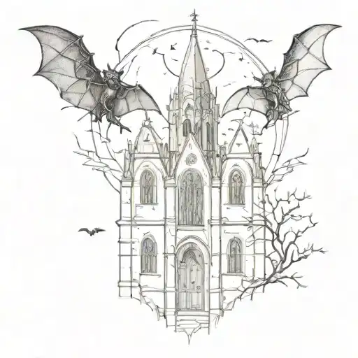a gothic church in cybersigilism style on forearm tattoo with bats tattoo design idea