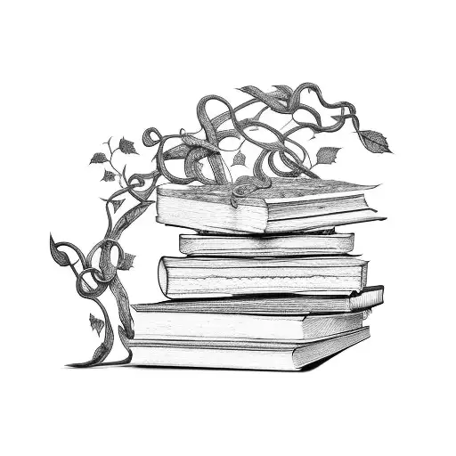 A stack of books with vines growing out of them tattoo design idea
