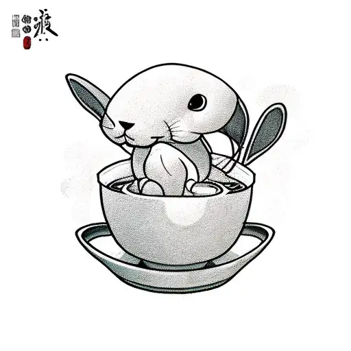 Cute simple floppy ear rabbit climbing out of a bowl of soup tattoo design idea