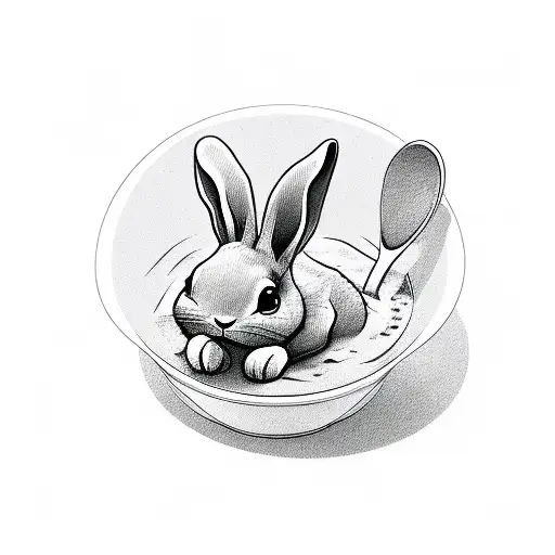 Cute simple floppy ear rabbit climbing out of a bowl of soup tattoo design idea