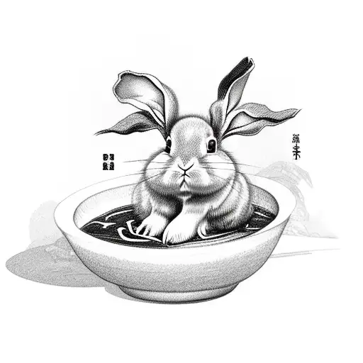 Cute simple Mini lop rabbit climbing out of a bowl of japanese miso soup tattoo design idea