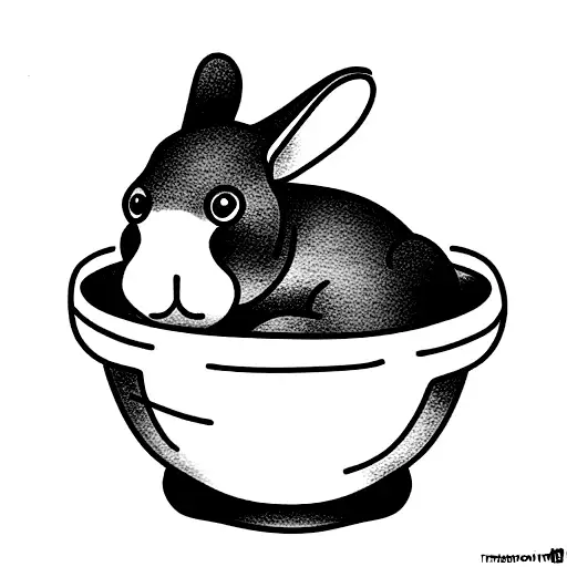 Cute simple Mini lop rabbit climbing out of a bowl of japanese miso soup tattoo design idea